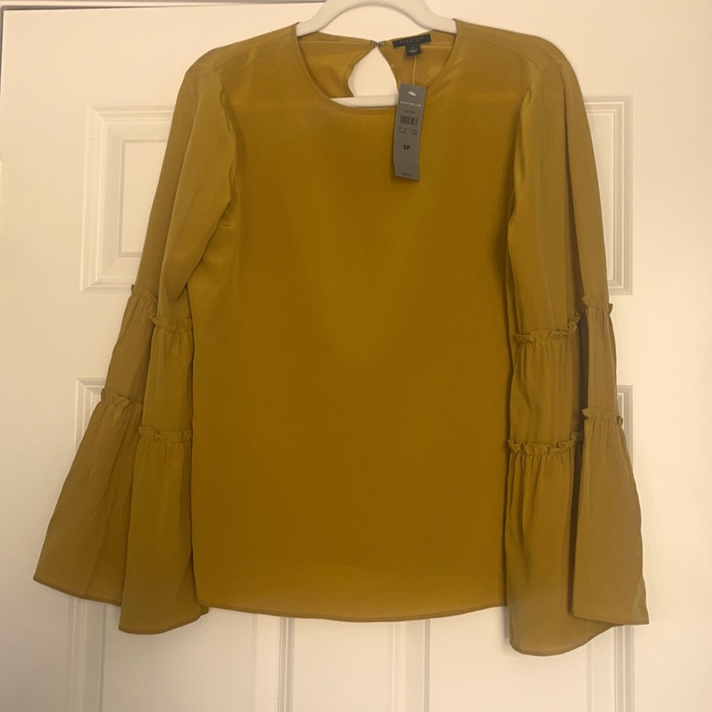 Ann Taylor Petite Golden Chartreuse Bell Sleeve Silk Blouse - Picture 3 of 6